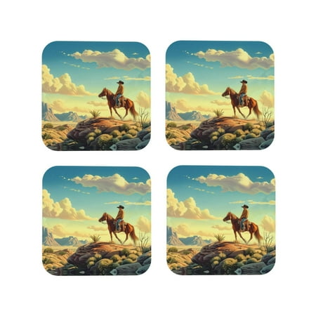 

Coasters Set of 4 - Western Sky Desert Cowboy Drink Coasters for Tabletop Protection Leather Coasters for Living Room Decor and Housewarming Gift Square