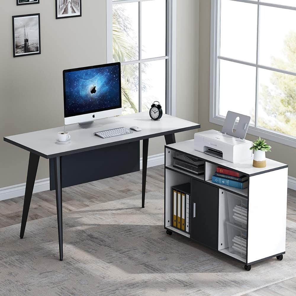 Corner Modern White 55 L-Shaped Desk Corner Computer Desk With Cabinet with RGB