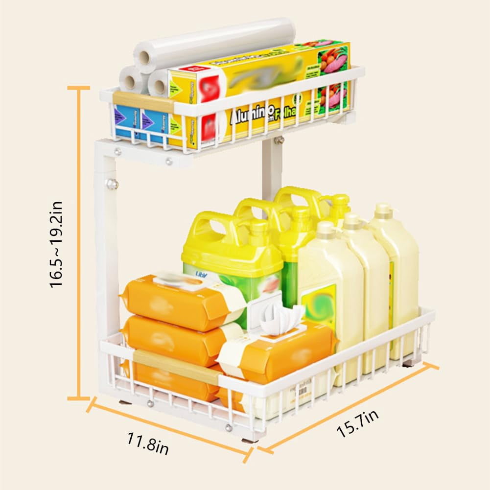 Under Sink Organizer, Metal Pull Out Cabinet Organizer Shelf, High Adjustable 2 Tier Under Kitchen Sink Organizer, for Home, Laundry, RV, Pantry