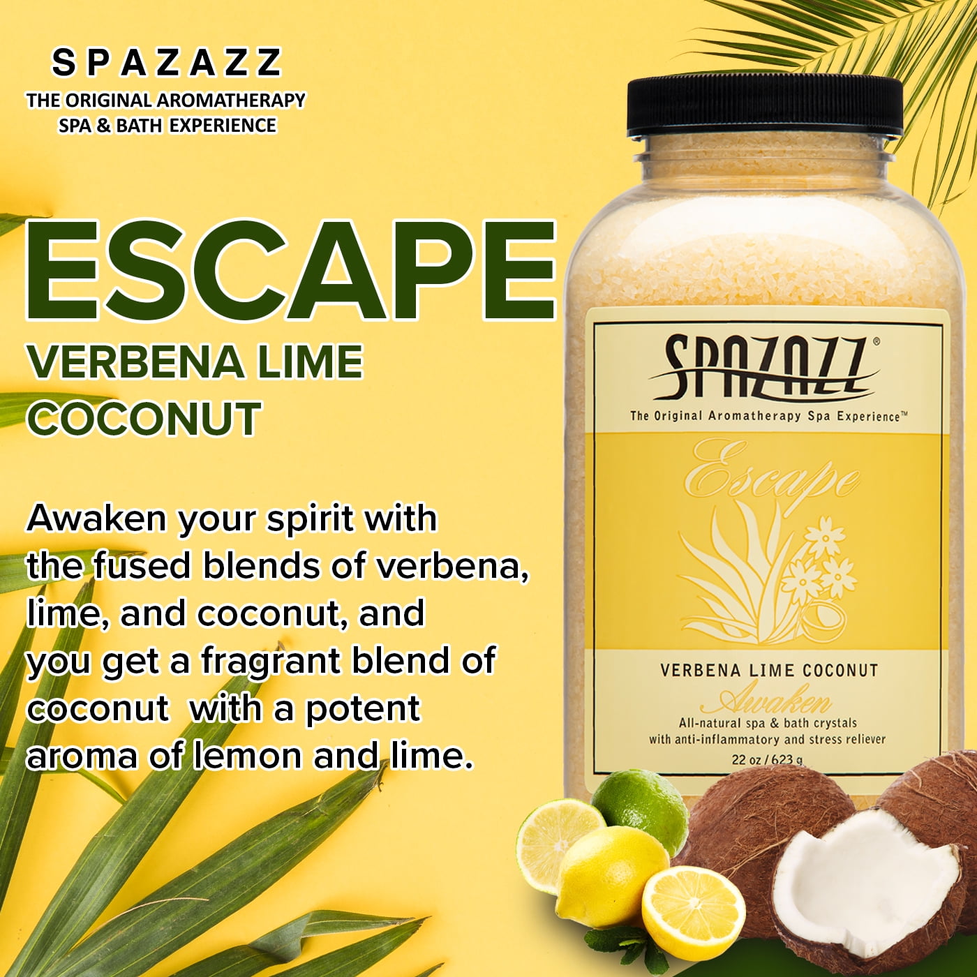 Spazazz Aromatherapy Escape Verbena Lime Coconut Awaken Spa and Bath Crystals 22 oz - Relaxing Soak for Hot Tubs & Bathtubs