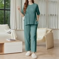thumbnail image 3 of WTOBBY Women's Loose Fashion Solid Color Split Hem Round Neck Short Sleeve Top and Long Pants Two Piece Casual Summer Set for Women,Turquoise 2XL, 3 of 6
