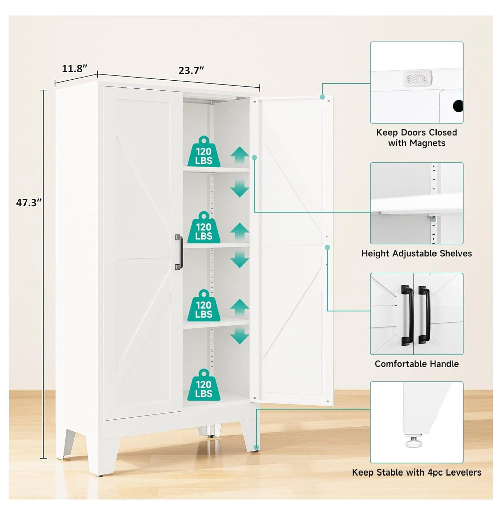 Metal Storage Cabinet with 2 Doors and 3 Shelves,White Pantry Storage Cabinet with Legs,Farmhouse Pantry Cabinets Cupboard,Bathroom Cabinets for Home,Kitchen,Dining/Living Room (47.3" H)