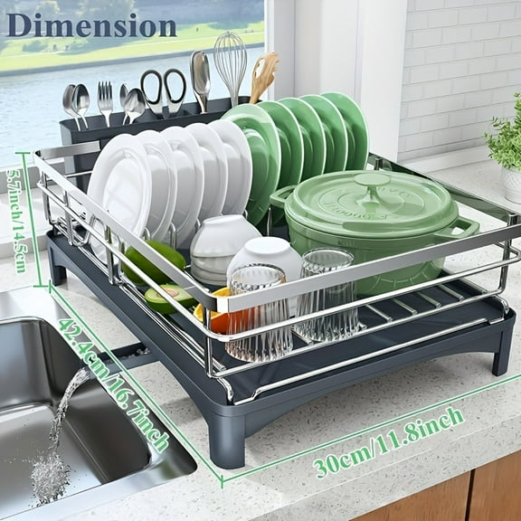 Stainless Steel Dish Drying Rack w/ Auto Drainage Board & Cutlery Organizer | 2-Tier Space-Saving Kitchen Storage for Plates/Bowls/Utensils| Countertop Dish Drainer | Design for Busy Households