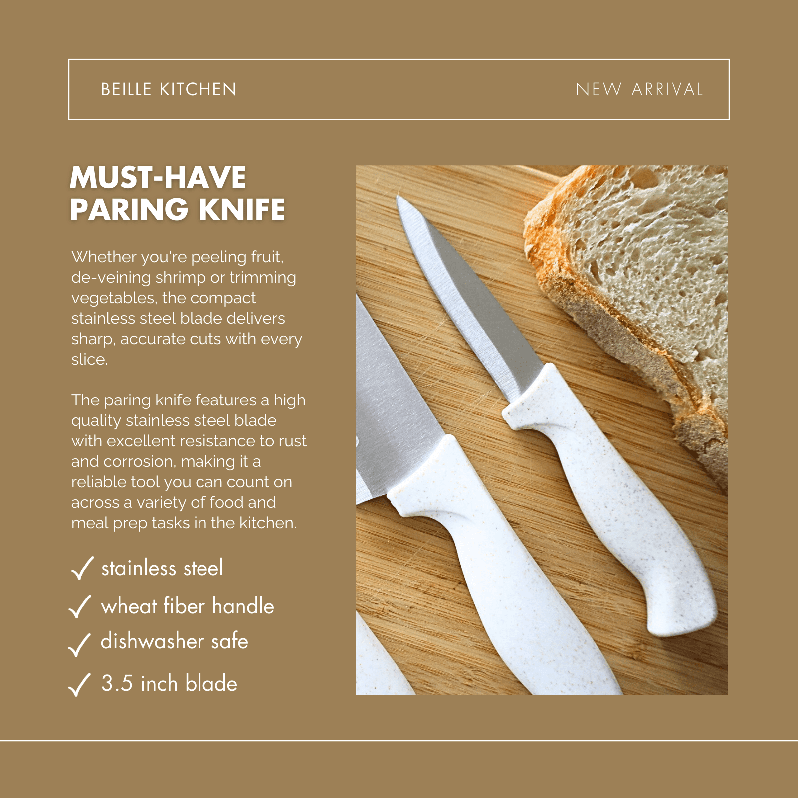 Beille 3.5 Inch All Purpose Paring Knife with Wheat Fiber Handle and Stainless Steel Blade, Kitchen Essentials