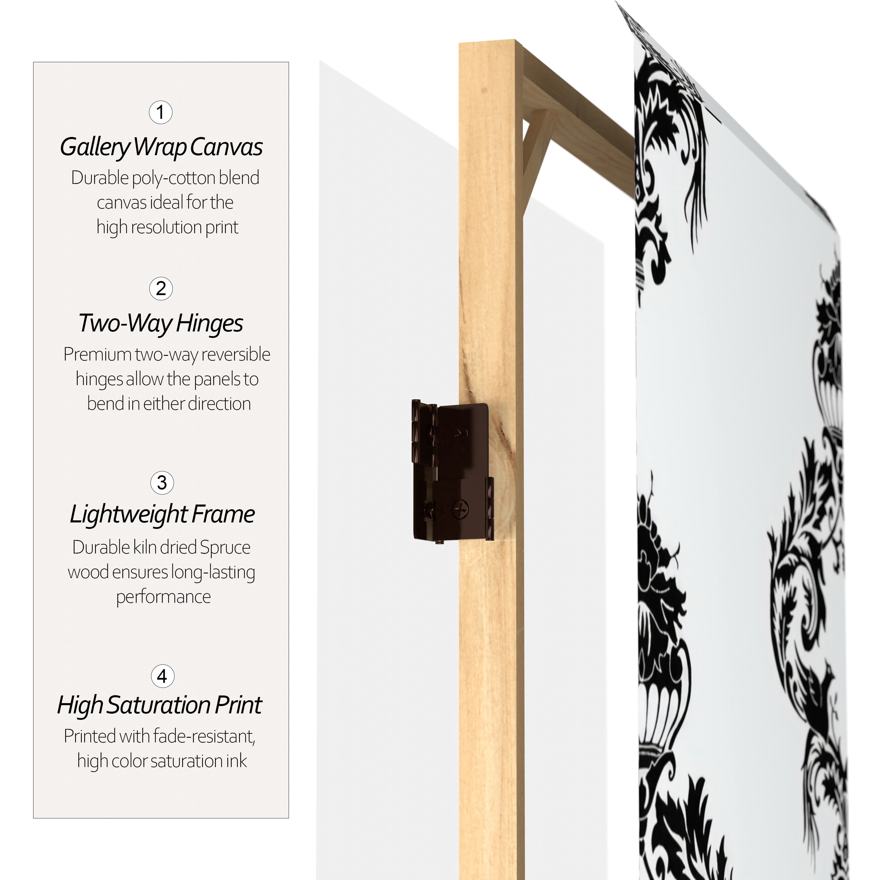 Oriental Furniture 6 ft. Tall Black and White Damask Room Divider - 6 Panel