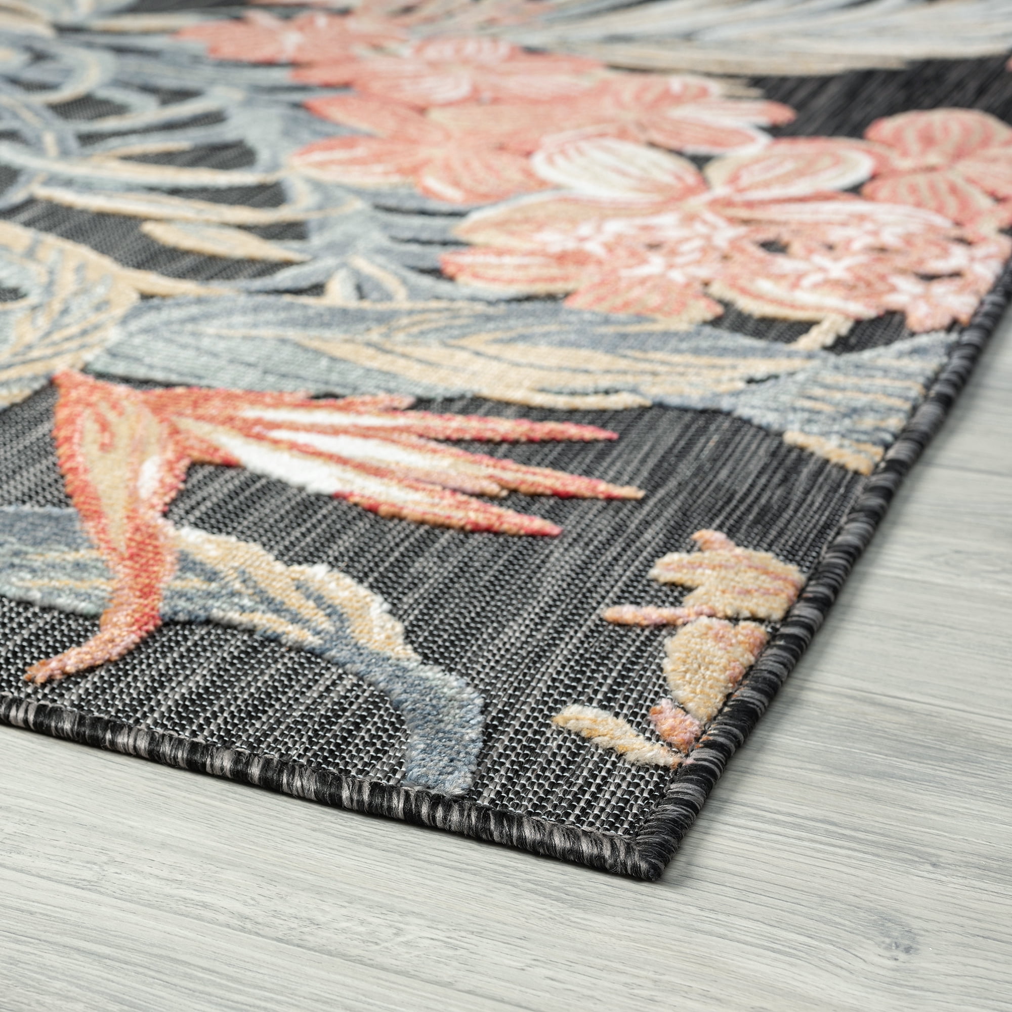 Bliss Rugs Floral Indoor Outdoor Rug Water Resistant Runner Rug for Patio, Hallway, Entryway, Deck, Black ,2' x 8'