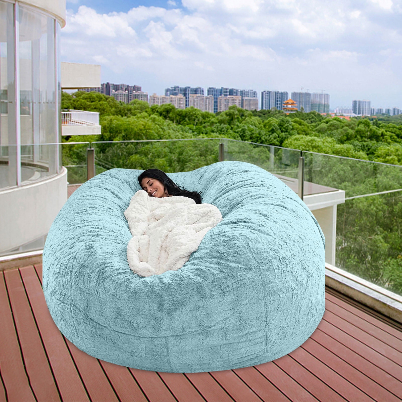 DAMAI Round Giant Bean Bag Chair Cover for Adults, Big Round Soft Fluffy Faux Fur Bean Bag Lazy Sofa Bed Cover, (No Filler) Living Room Furniture Round Fluffy Faux Fur Beanbag Lazy Sofa Bed Cover