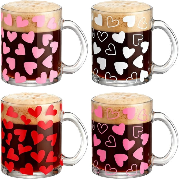 4 Pcs Valentines Heart Coffee Mugs 12 oz Heart Glass Cups with Handle Valentines Pink Red Coffee Cup Sweet Love Gifts Drinking Mugs for Romantic Holiday Party