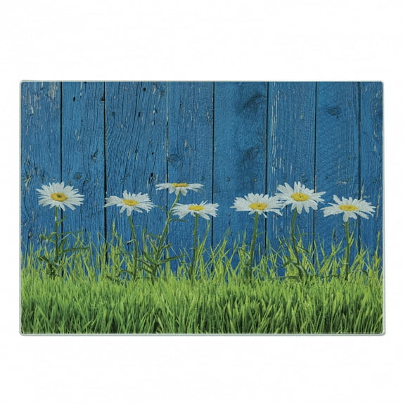 Flower Cutting Board, Fresh Springtime Grass and Daisy on Fence Summer Simple Vintage Style Print, Decorative Tempered Glass Cutting and Serving Board, Small Size, Blue Green White, by Ambesonne