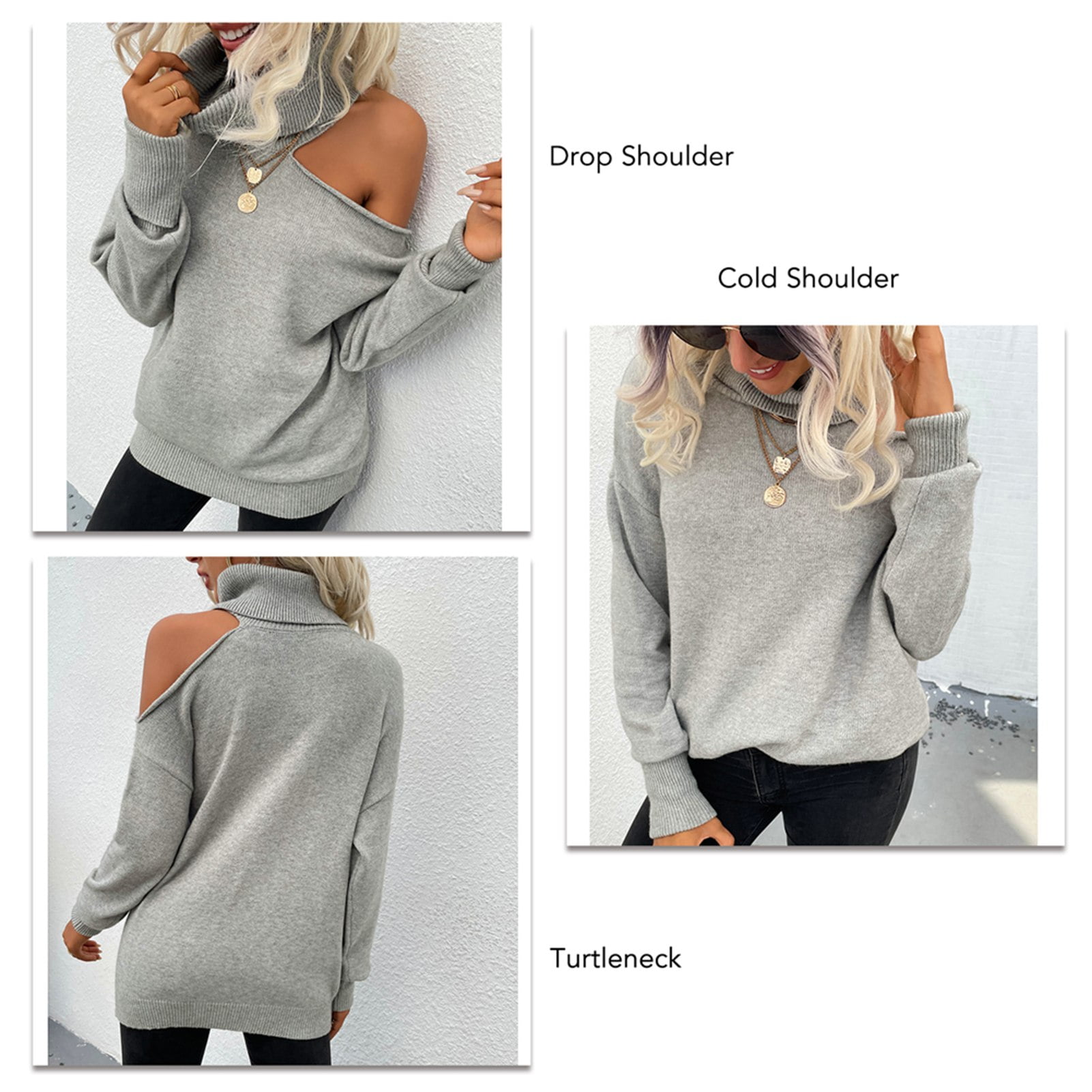 Turtleneck Sweater Cutout Off Shoulder Sweater Pure Color Skin Friendly For Vacation For Women Grey M Walmart