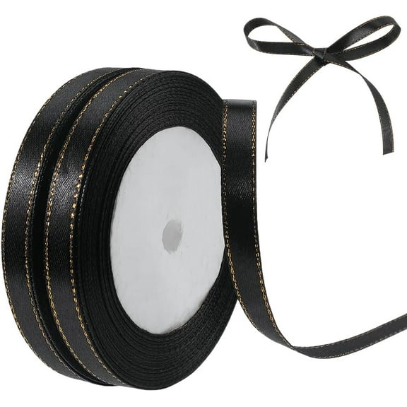 2 Rolls 48 Yards 3/8 Inch Polyester Black Ribbon with Gold Edge Border Satin Thin Soft Silk Fabric Ribbons Trim Bulk