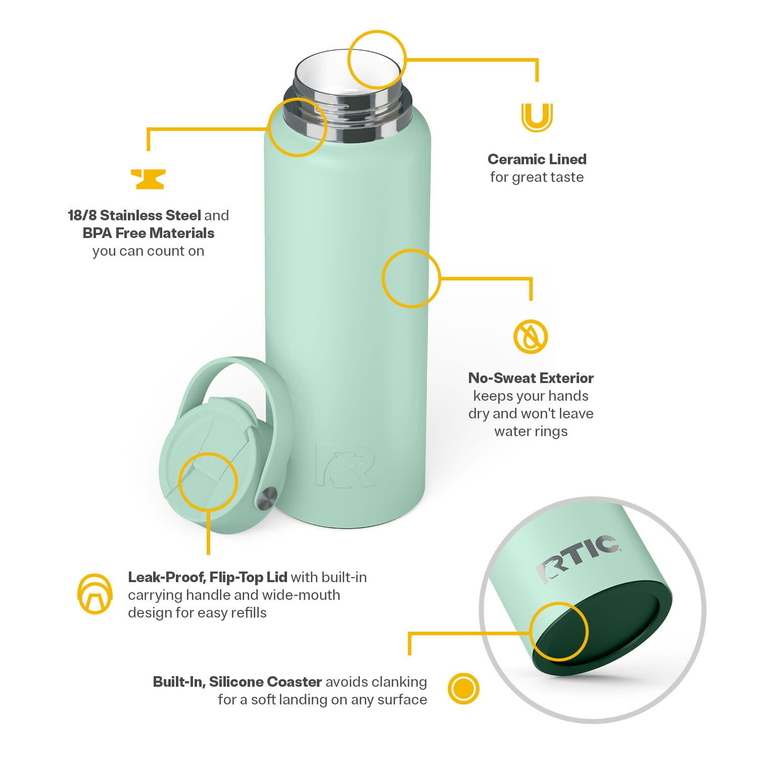 RTIC 40 oz Ceramic Lined Insulated Outback Water Bottle, Leak Resistant, Fresh Mint