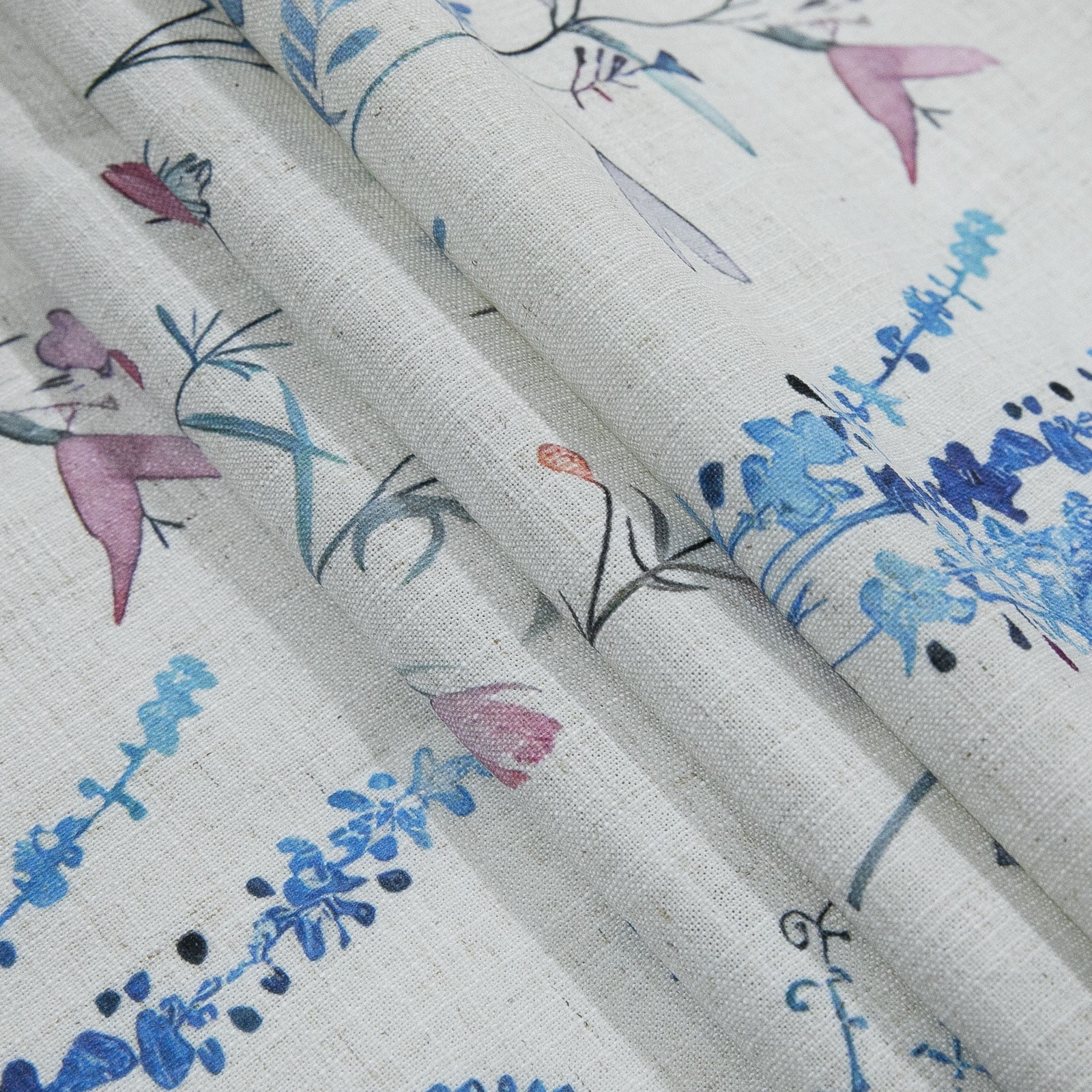 TWOPAGES 84"x63" Pinch Pleat Drape Floral Print Polyester Linen Light Filtering Curtain for Kitchen, 1 Panel, Blue