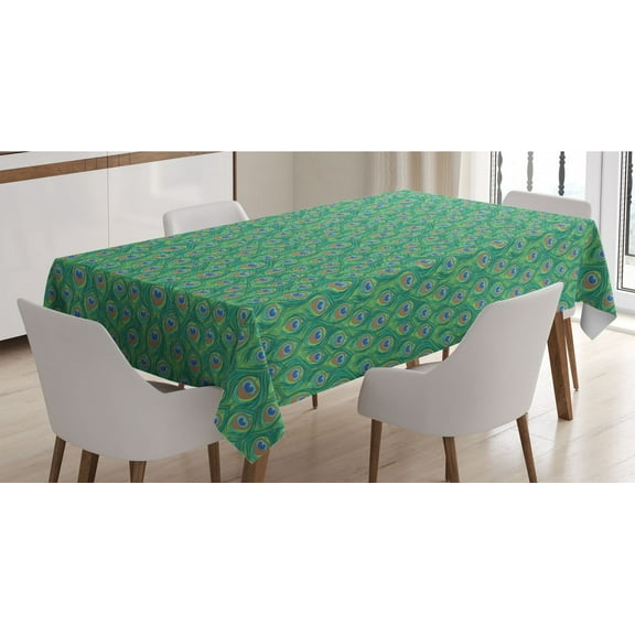 Feather Tablecloth, Peacock Feathers Peafowl Eastern Boho Positive Design, Rectangle Satin Table Cover Accent for Dining Room and Kitchen, 60" X 90", Jade Green Caramel Blue, by Ambesonne