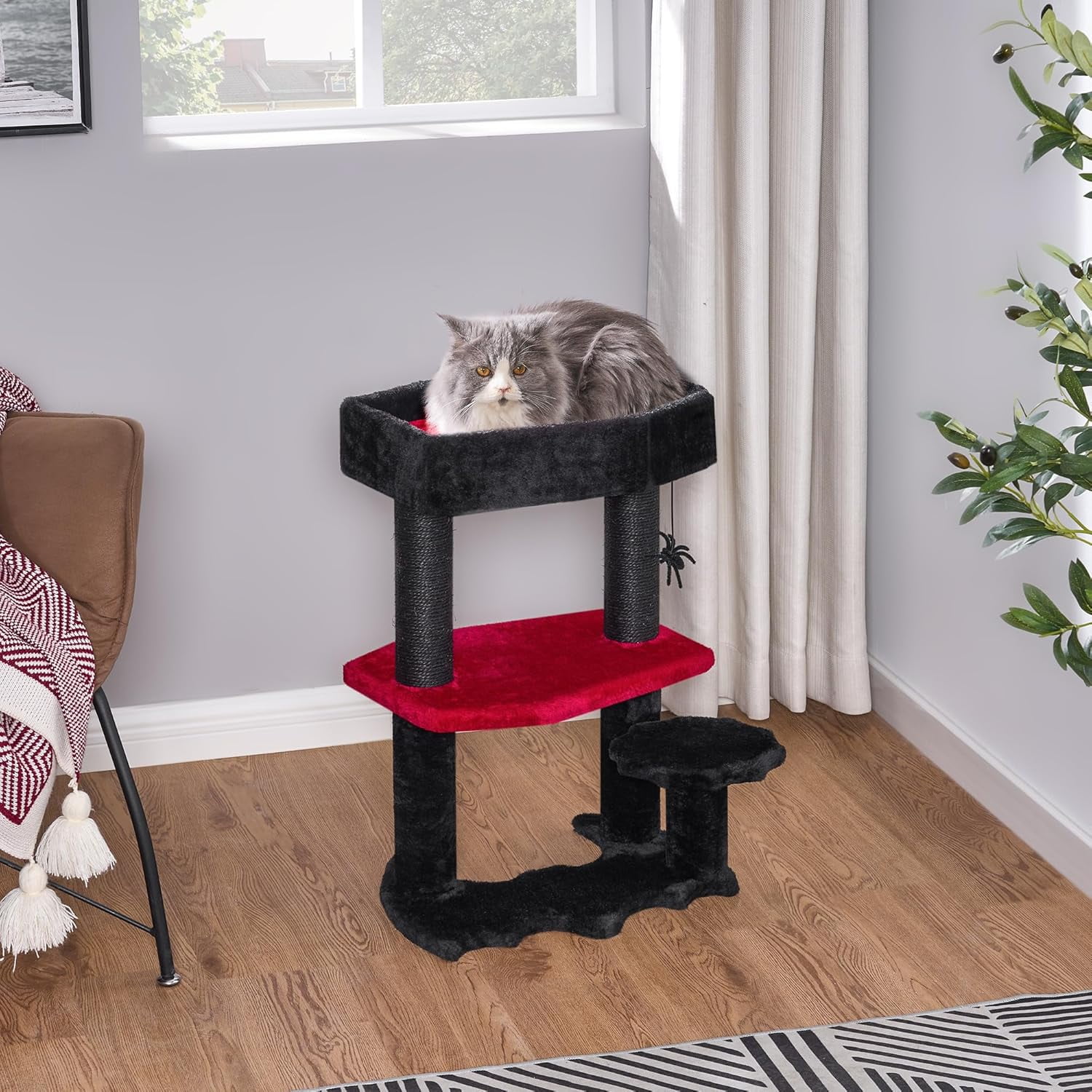 Gothic Cat Tree with Coffin Cat Bed Goth Cat Tower Coffin Cat Tree with Scratching Post, Spider Hanging Ball Halloween Black Red Pet Furniture MMJ94R