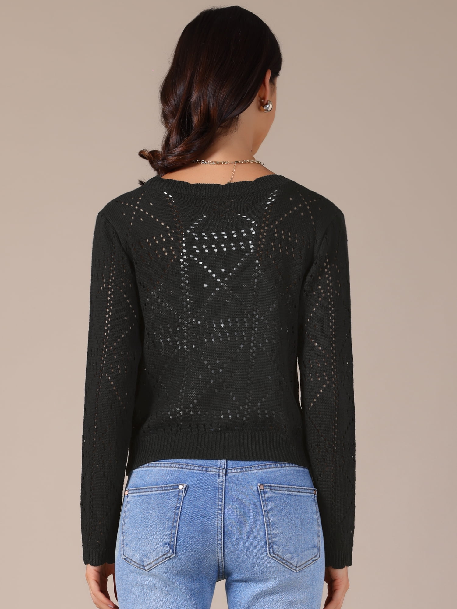 DARING DIVA Women's Long Sleeve Cropped Knit Button Up Crochet Cardigan L Black