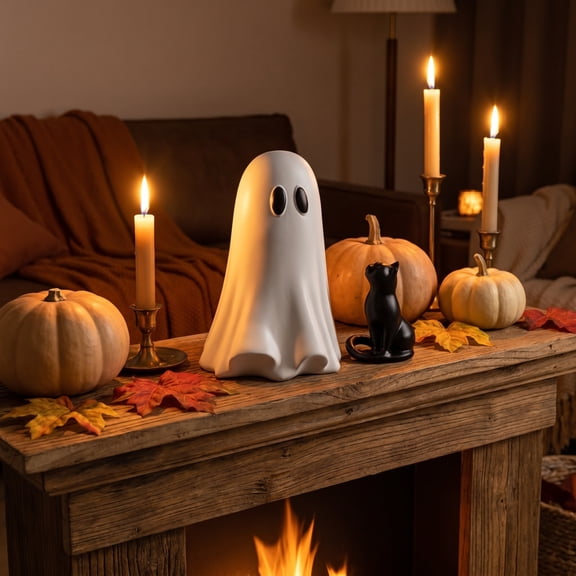 Large Ghost Figurine Set, Halloween Ghost Decorations, Black Cat Halloween Decor, Halloween Home Decor, 6X4.5 Inch Indoor Halloween Statue for Tabletop Mantel Shelf Party
