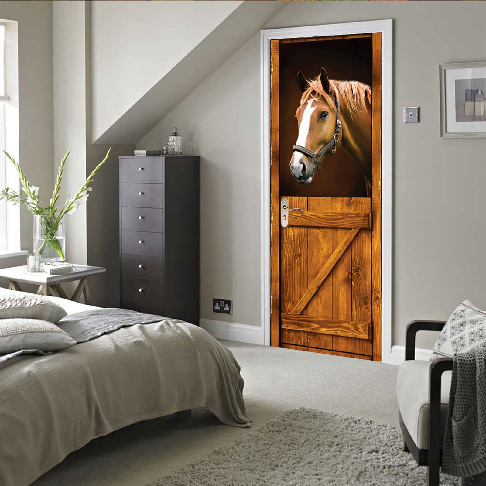 Horse Door Sticker 3D Wall Self-Adhesive Door Decals for Living Room Decor