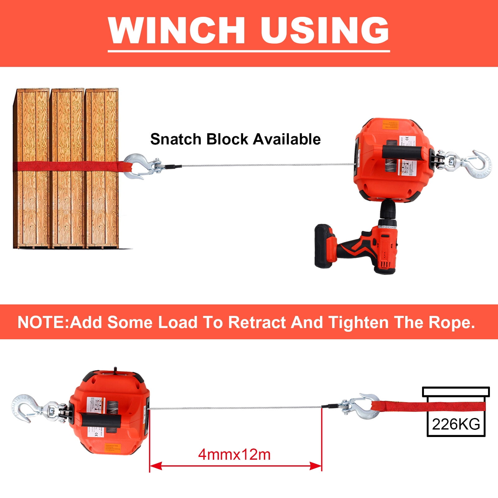 , Drill Winch Hoist Portable Drill Winch of 750 LB Capacity with 40 Feet Steel Wire Drill Winch for Lifting & Dragging, Red ,Abs ,