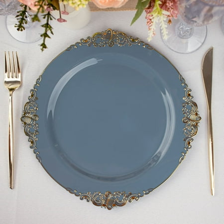 

Efavormart 10 Pack | Dusty Blue/Gold Baroque 10 Round Plastic Dinner Plates Disposable Tableware with Leaf Embossed Gold Rim
