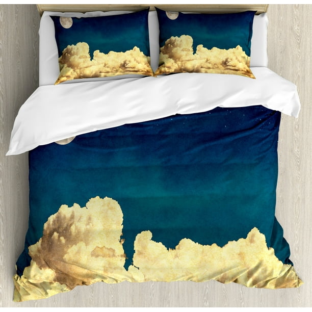 Night Sky Duvet Cover Set Fantasy Sky Stars Full Moon And Fluffy Clouds Vintage Style Artwork Picture Decorative Bedding Set With Pillow Shams Dark Blue White By Ambesonne Walmart Com Walmart Com