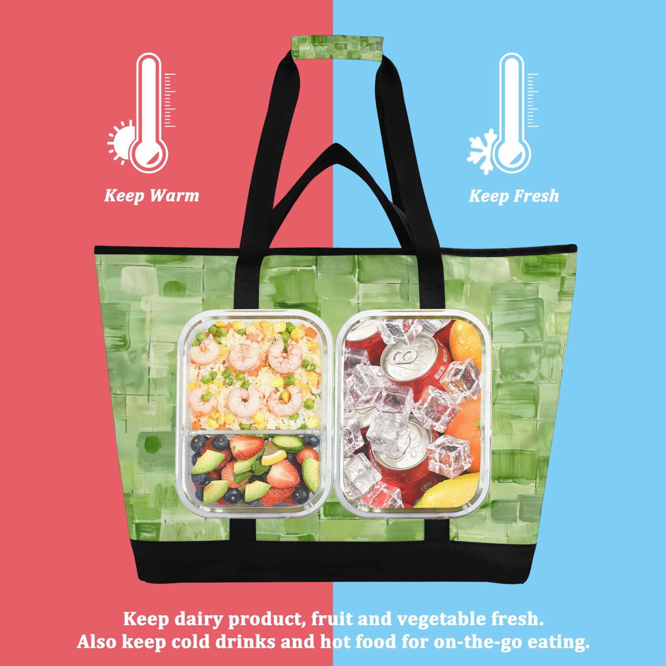 Large Hand-held Ice Pack Picnic Bag Insulation and Refrigeration Suitable for Shopping Picnics and Camping Green Square