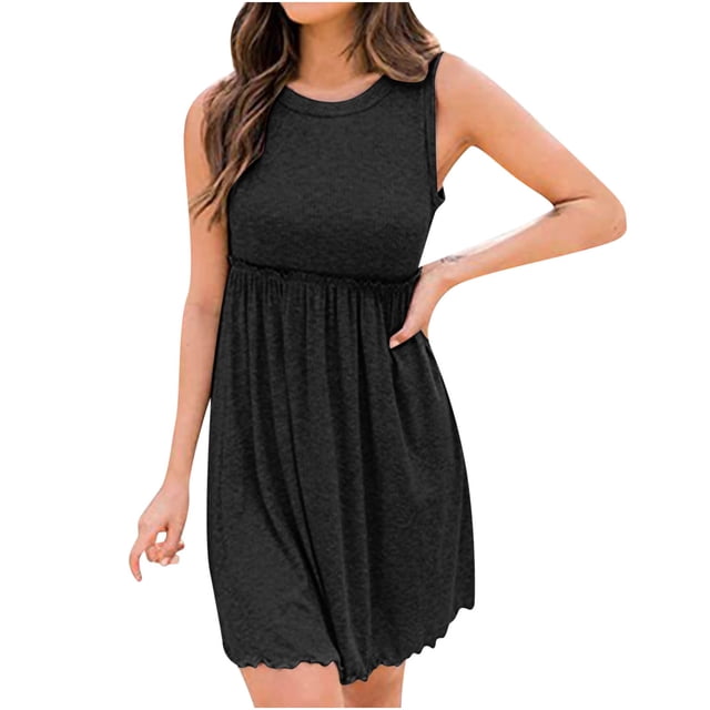 Robes d'Été pour Femmes Col Rond Sans Manches Robe Débardeur Plissée Taille Haute Décontractée Fluide Midi Robes de Soleil