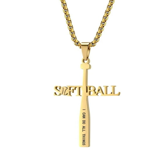 PAMTIER Unisex Stainless Steel Hip Hop Hollow Sport Baseball Engravd Letter SOFTBALL Cross Pendant Amulet Crucifix Necklace Gold 23.6" Chain