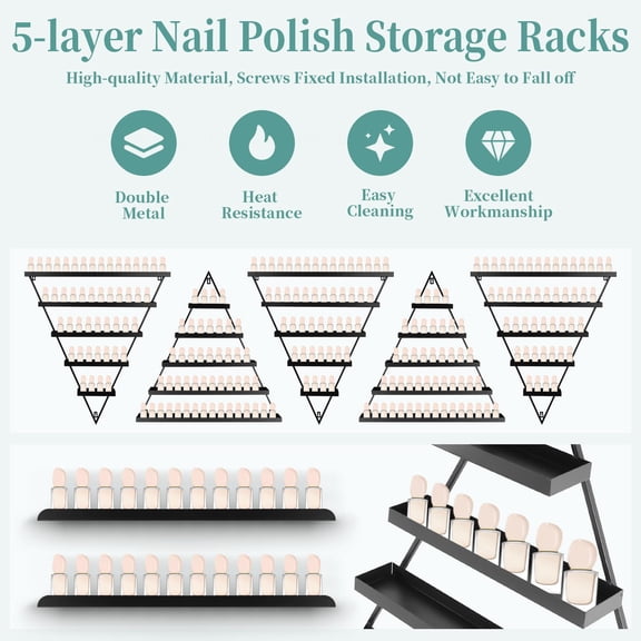 Muweixin 10-Piece Black Metal Wall Mounted Nail Polish Organizer 5-Tier Space Saving Makeup Storage Display Shelf for Home Salon Bathroom Vanity Decor