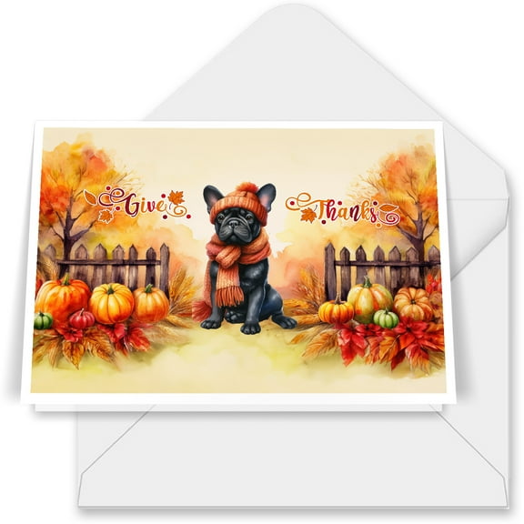 Happy Thanksgiving French Bulldog Give Thanks Fall Beanie Scarf Welcome 7x5in Folded Greeting Card Dog Lover Gifts Single Note Card with Envelope - 00020