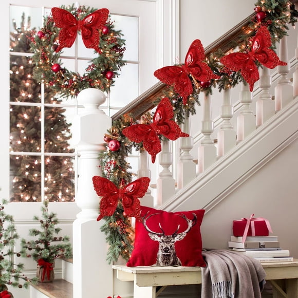 Adornos Navideños de Simulación, Lentejuelas Rojas, Decoración para Árbol de Navidad | Mariposas de Plástico Artificiales de 25 X 20 Cm - 1 Unidad