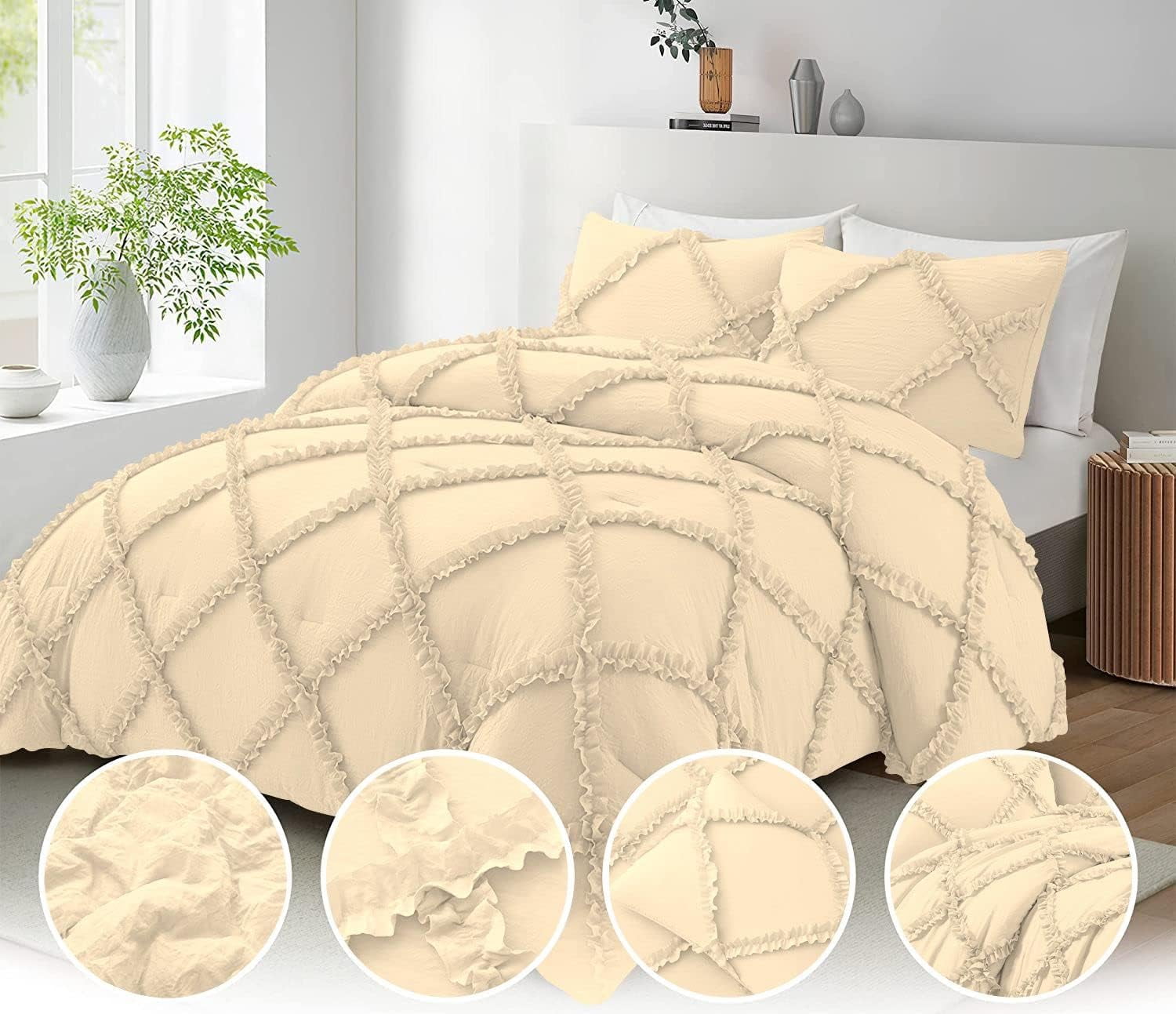 Duvet Cover Diamond Ruffle with Zipper Closure 1 Piece Full/Queen Size (90" x 90") Inches 100% Cotton 800 TC Premium Hotel Class Decorative Bedding with Corner Ties - Ivory Solid