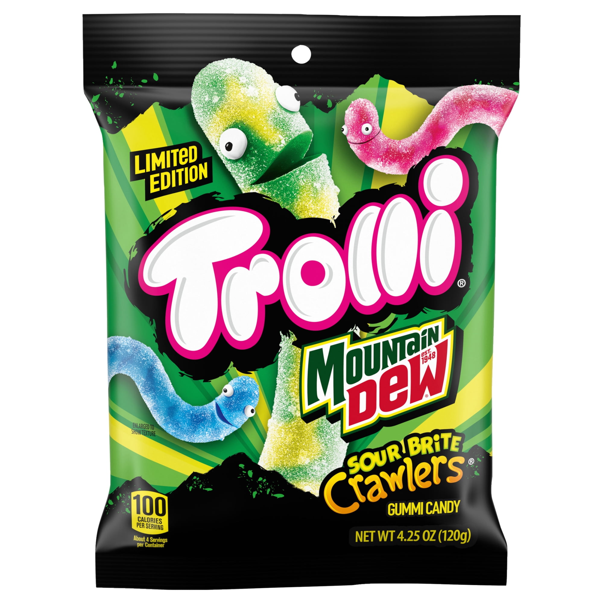 Trolli x Mountain Dew Sour Brite Crawlers Gummy Worm Candy, 4.25 oz Bag