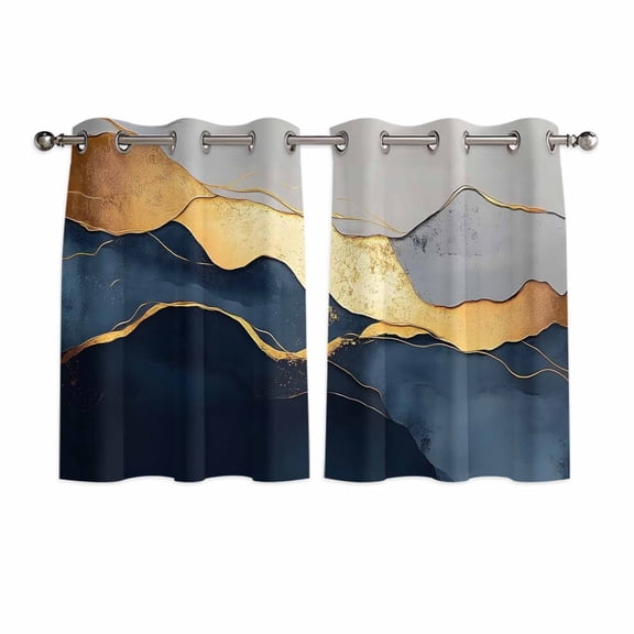 Navy Blue Geometric Kitchen Curtains Short 45 Inch Length, Modern Abstract Luxury Golden Grommet Top Bedroom Living Room Curtains, Light Filtering Cafe Curtain Drapes 2 Panels Set 84''x45''