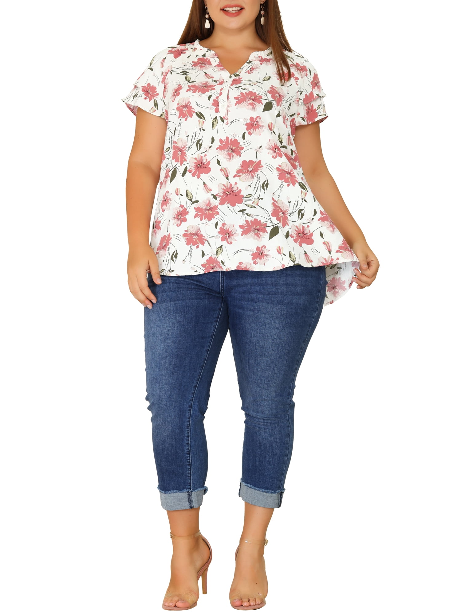 Unique Bargains Women's Plus Size Layered Sleeve V Neck Floral Tops Tunics 2X Pink White