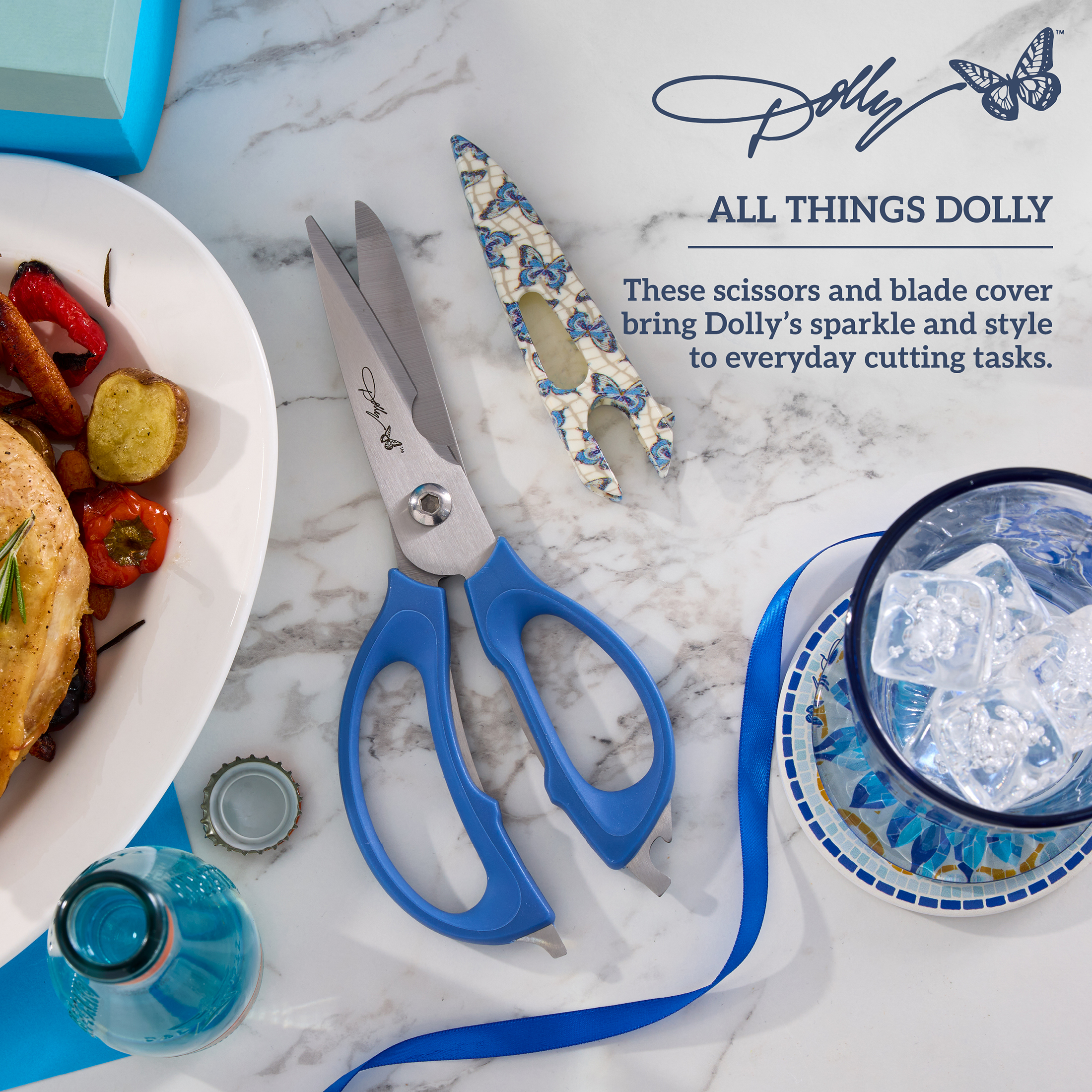 Dolly Parton 4-in-1 Kitchen Scissors with Blue Butterfly Pattern for Everyday Use