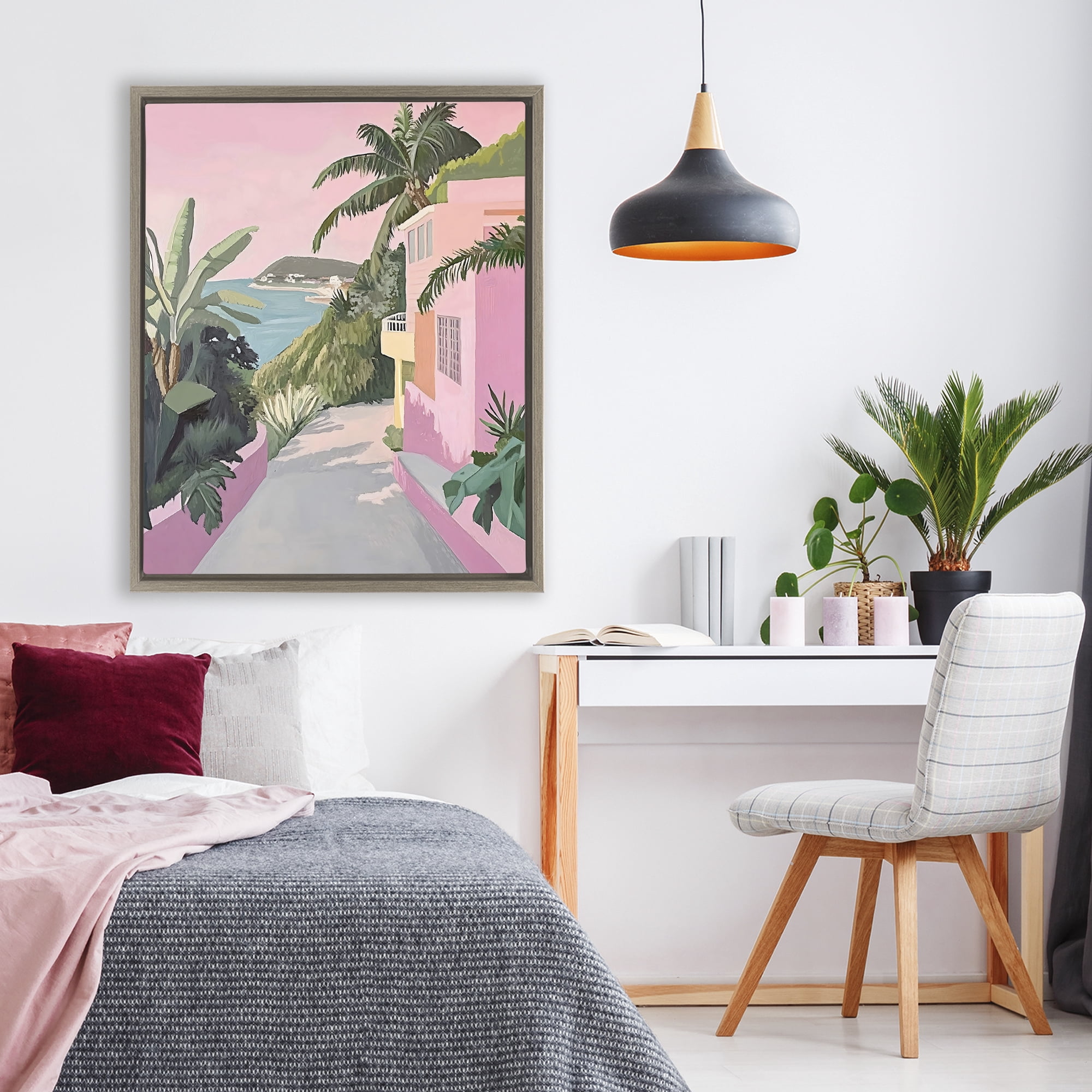 Stupell Industries Mediterranean Pink Coastal House Brown Framed Floater Canvas Wall Art, design by The Prints Vibe