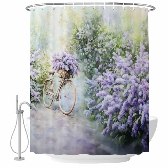 Lavender Bathroom Shower Curtains with Hooks, Bicycle Pastoral Floral Waterproof Fabric Washable Shower Curtain for Home Hotel Bathtub Decor 54x78 Inch