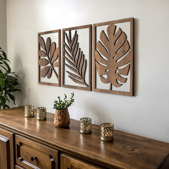 3pcs Rustic Wooden Wall Sculpture Set - Large Leaf Design, Easy to Install, Reusable Modern Home Art for Living Room, Bedroom, Office Decor, Room Deco