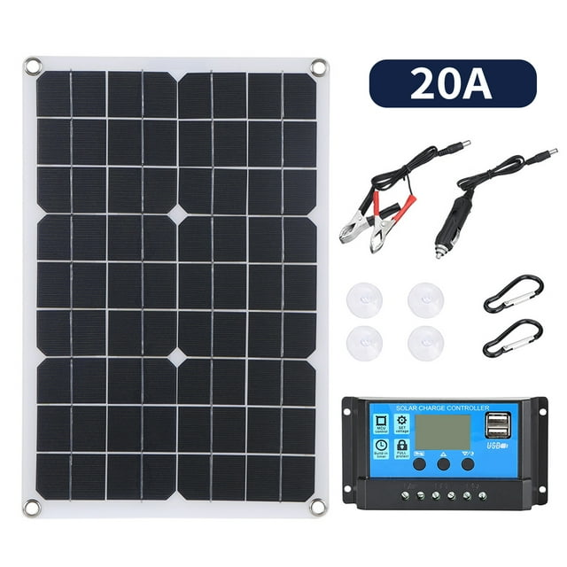 18V 20W Monocrystalline Portable Solar Panel Kit with 20A 300W Controller, Dual USB Charging Ports, DC5521 Female Battery Clip Interface, Lighter Line, 4 Suckers & 2 Outdoor Mountaineering Buckles –