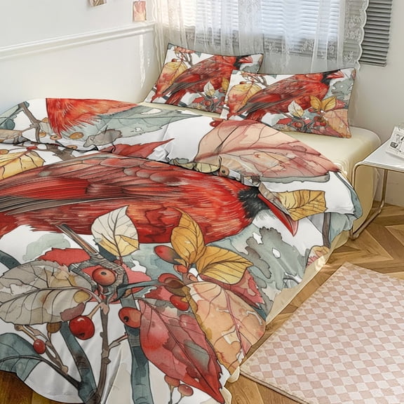 3 Pcs Soft Bedding Set, Includes 1 Duvet Cover with Zipper And 2 Pillow,Shams Red Bird Northern Cardinal Twin(86"x70")