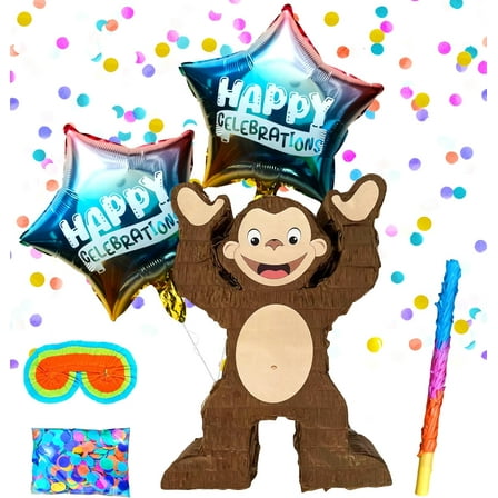 Cute Monkey Pinatas for Kids Birthday Parties, Fun Animal-Themed Decoration and Party Game Supplies Includes Busterstick, Blindfold, Confetti and 2 Happy Celebration Ballons