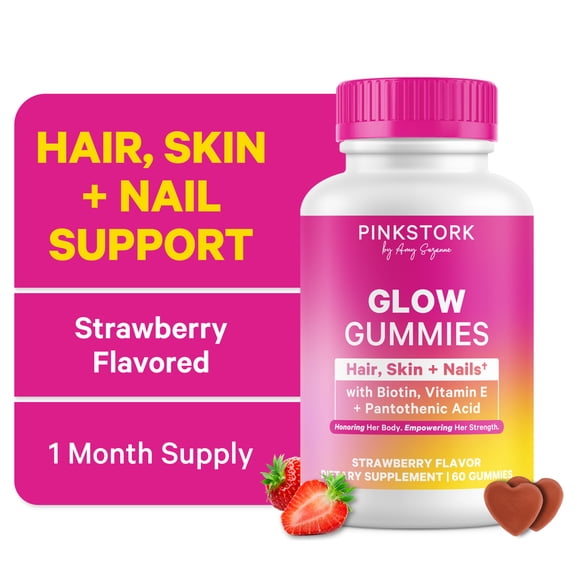 Pink Stork Total Glow Hair, Skin and Nails Gummies with Biotin B Vitamins, 60 Berry Gummies