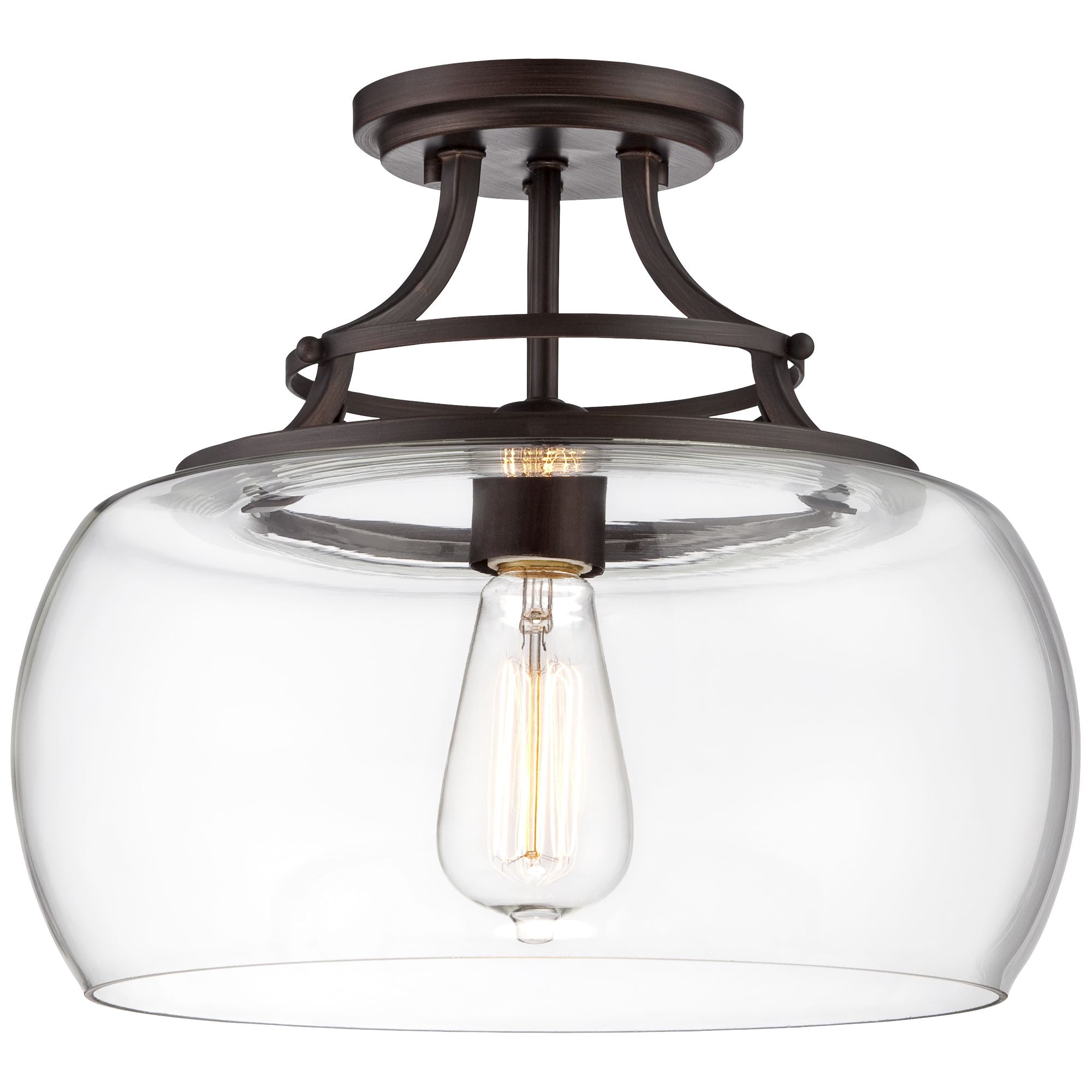 Franklin Iron Works Charleston Industrial Modern Farmhouse Ceiling Light Semi Flush Mount Fixture 13 1/2" Wide Bronze LED Clear Glass for Bedroom Home
