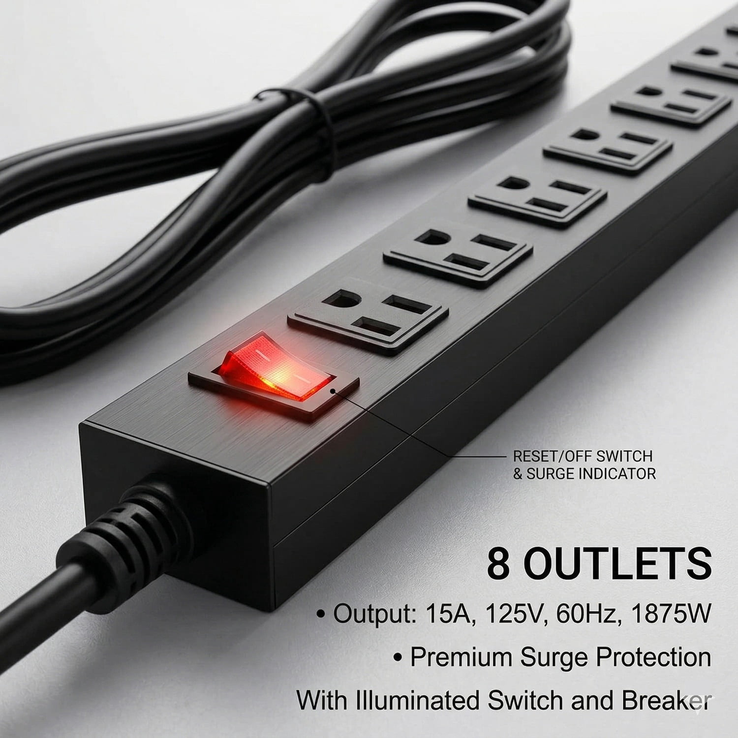 Metal 8 Outlet Mountable Power Strip with Surge Protector, Wall Mount Heavy Duty Wide Spaced Outlets with Switch, 15A 125V 1875W, 6 FT 14AWG Cord, Black