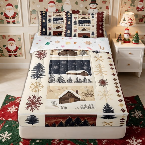 Manfei Vintage Cabin Zipper Twin Comforter Sets with Fitted Sheet and 2 Pillowcases,Christmas Snowflake Zipper Bedding Set,Reversible