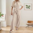 thumbnail image 3 of ERkkoi Womens Jumpsuit Dressy Summer Romper Elegant Casual Short Sleeve Plain Belt Wide Leg One Piece Outfits Womens Overalls Khaki L, 3 of 6