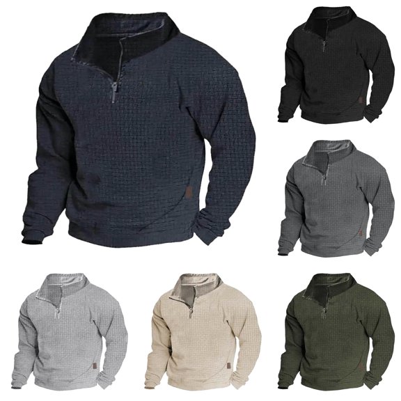 Afdoent Mens Quarter Zip Pullover Long Sleeve Stand Collar Sweatshirt Double Side Zipper Sweatshirt For Fall Winter Everyday Wear