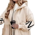 thumbnail image 2 of Women'S Hooded Windbreaker Knitted Long Sleeve Oversized Jacket Casual Drawstring Waist Coat with Zipper Apricot S, 2 of 7