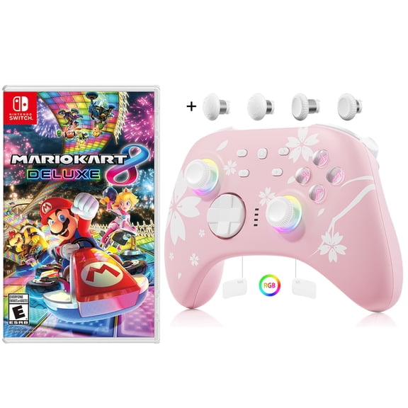 Mario Kart 8 Deluxe Game Disc and Upgraded Switch Pro Controller for Nintendo Switch/PC/IOS/Android/Steam with Hall Effect Joysticks Triggers Pink, 2 Pairs of Joysticks